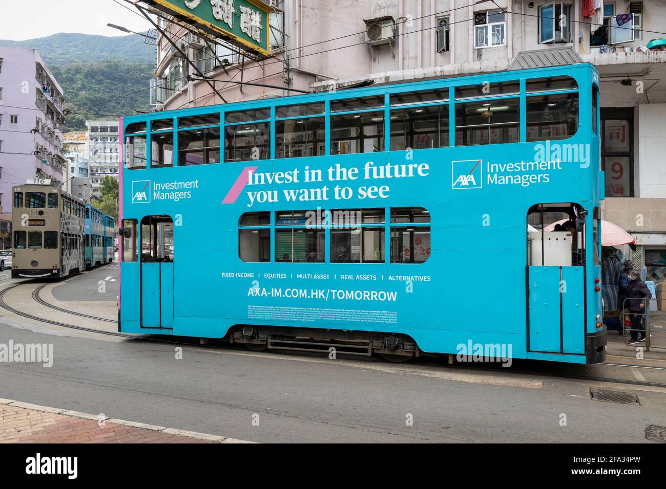 Hong Kong Tramways tutti i sistemi elettrici di trasporto urbano a scartamento ridotto. Iniziato nel 1904, è sempre stato alimentato elettricamente e pulito dal punto di vista ambientale. Foto Stock