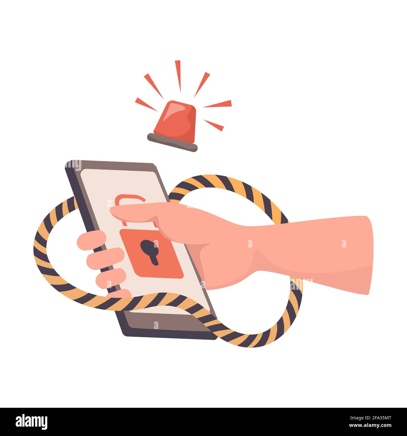 Illustrazione piatta del vettore dello smartphone che tiene la mano con hacked. Attacco hacker, phishing, furto di informazioni personali, password e nome utente, dati della carta di credito. Frodi su Internet. Concetto di sicurezza informatica. Illustrazione Vettoriale