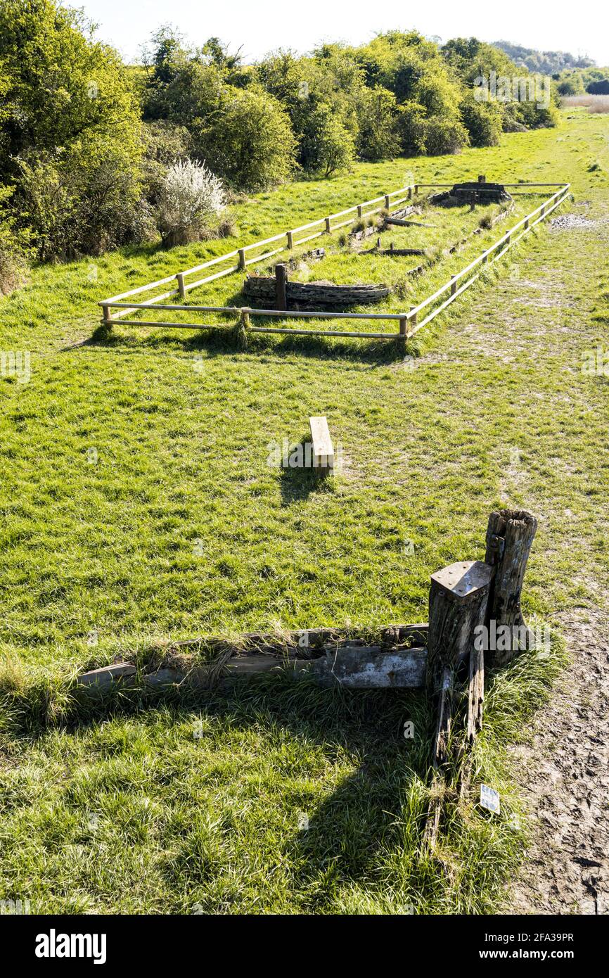 Resti dell'accendino in legno Dursley (in primo piano) & la chiatta Kennett Harriett, 2 di molti di tali navi volutamente spiaggiato a Purton, Gloucestershire Foto Stock