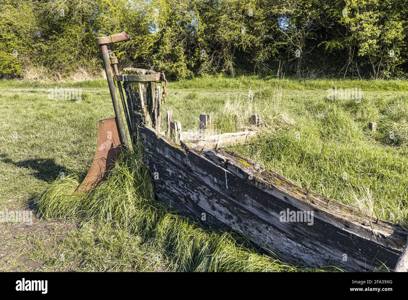 I resti della goletta in legno a 2 alberi Catherine Ellen, una di molte di queste navi volutamente spiaggiata sulle rive del fiume Severn a Purton. Foto Stock