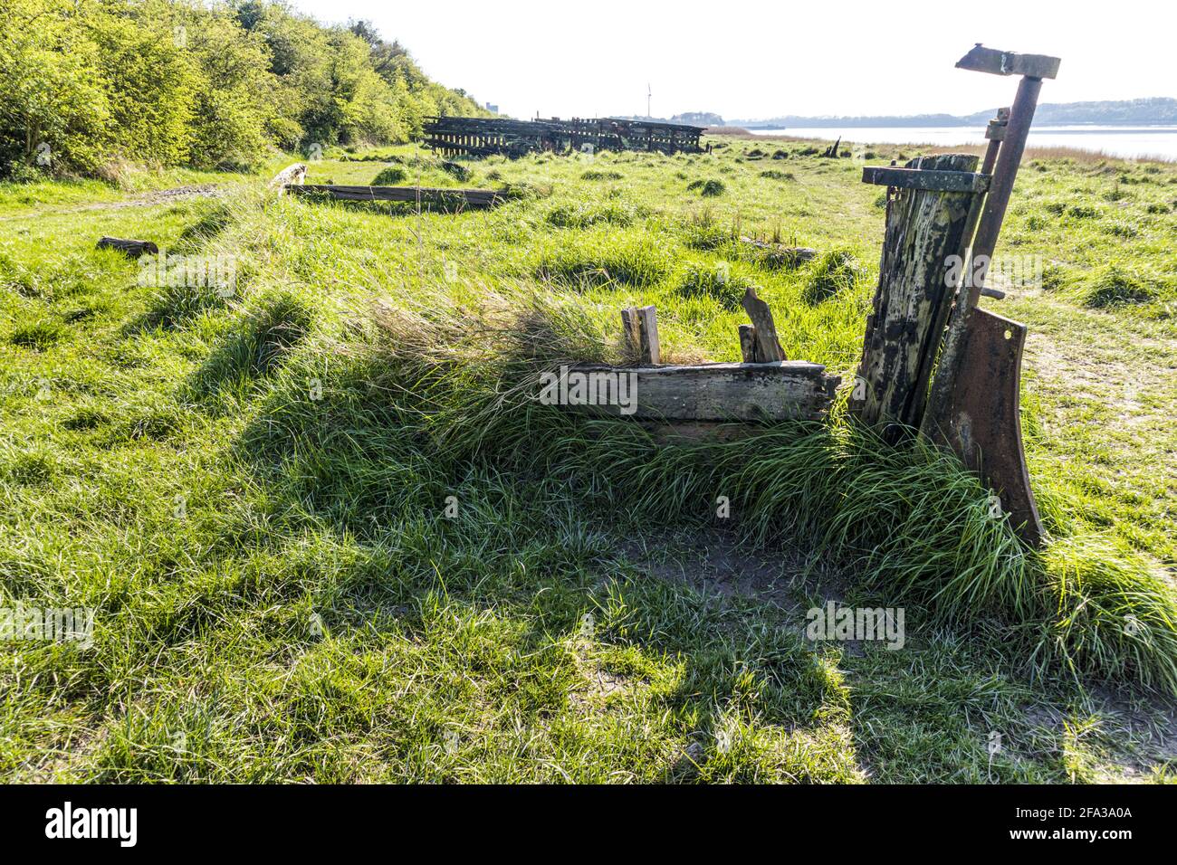 I resti della goletta in legno a 2 alberi Catherine Ellen, una di molte di queste navi volutamente spiaggiata sulle rive del fiume Severn a Purton. Foto Stock
