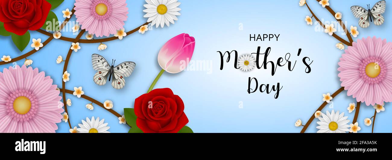 striscione felice del giorno della madre con fiori e farfalle Illustrazione Vettoriale