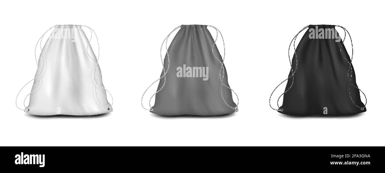 Zaino con set di strings mockup, illustrazione vettoriale. Borsa in tela bianca, grigia, nera con coulisse, modelli per borse sportive. Illustrazione Vettoriale