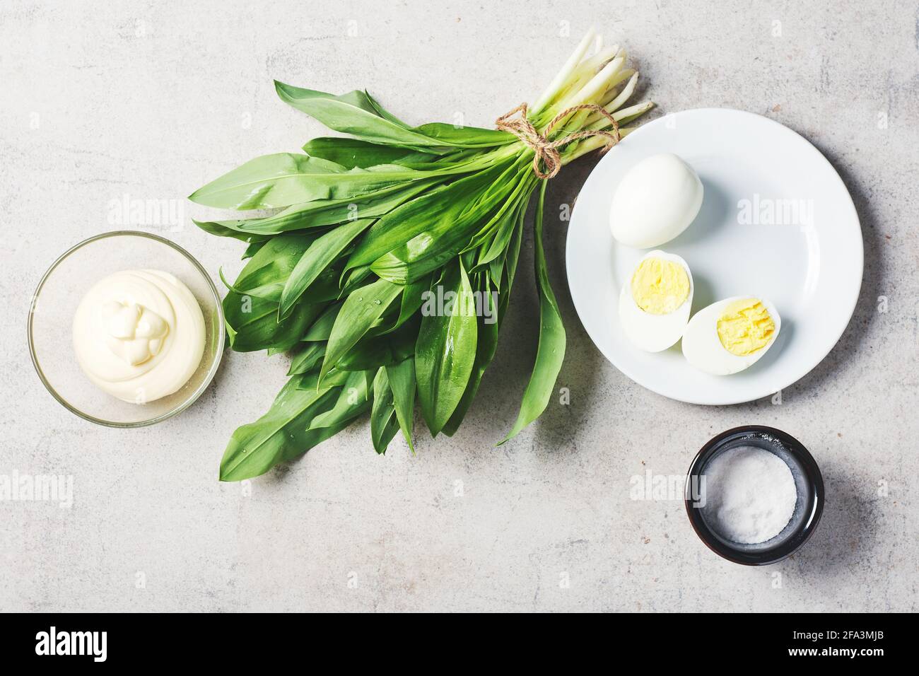 Mazzo di ramson fresco (aglio selvatico), salsa maionese, uova. Ingredienti per un'insalata o un antipasto. Foto Stock