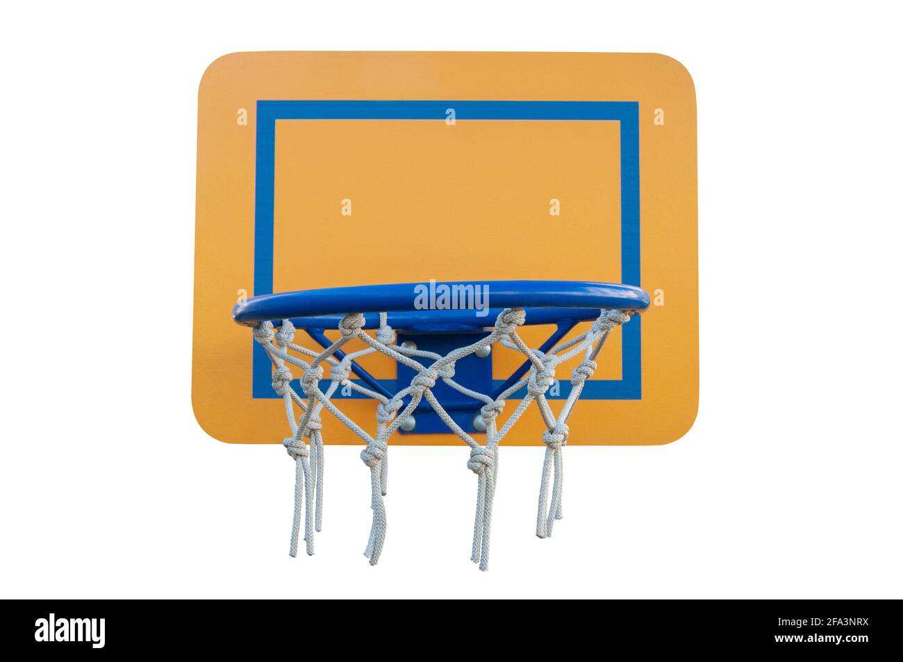 Cerchio blu da basket con cesto vuoto e backboard giallo. Basket basket basket basket, gol isolato su bianco bkackground Foto Stock