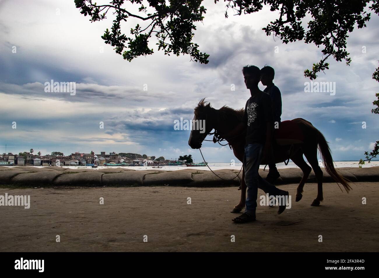 Horseman in movimento con il turista oltre alla riva del fiume ho catturato questa immagine il 15 settembre 2020 da Chandpur, Bangladesh, Asia meridionale Foto Stock