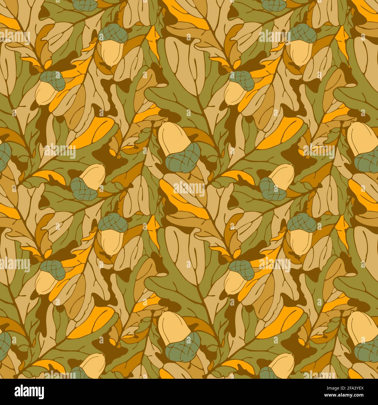 Camouflage autunnale motivo senza cuciture, marrone, giallo, silhouette arancio di foglie di quercia, ghiande. Disegno contemporaneo di stile di schizzo disegnato a mano, sfondo Illustrazione Vettoriale