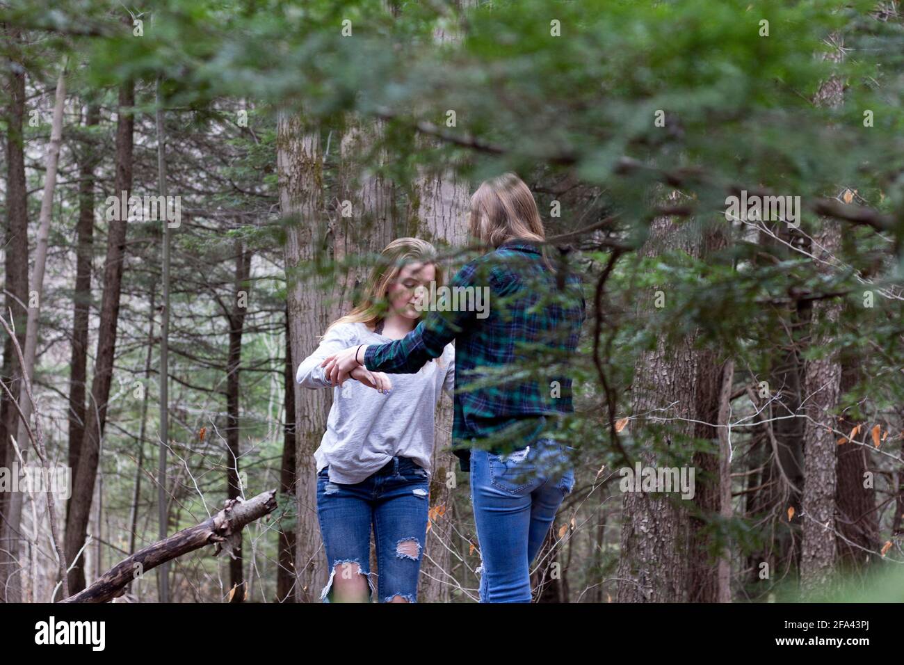 Due ragazze fresche della scuola superiore godono la loro amicizia insieme fuori nella natura nei boschi Foto Stock