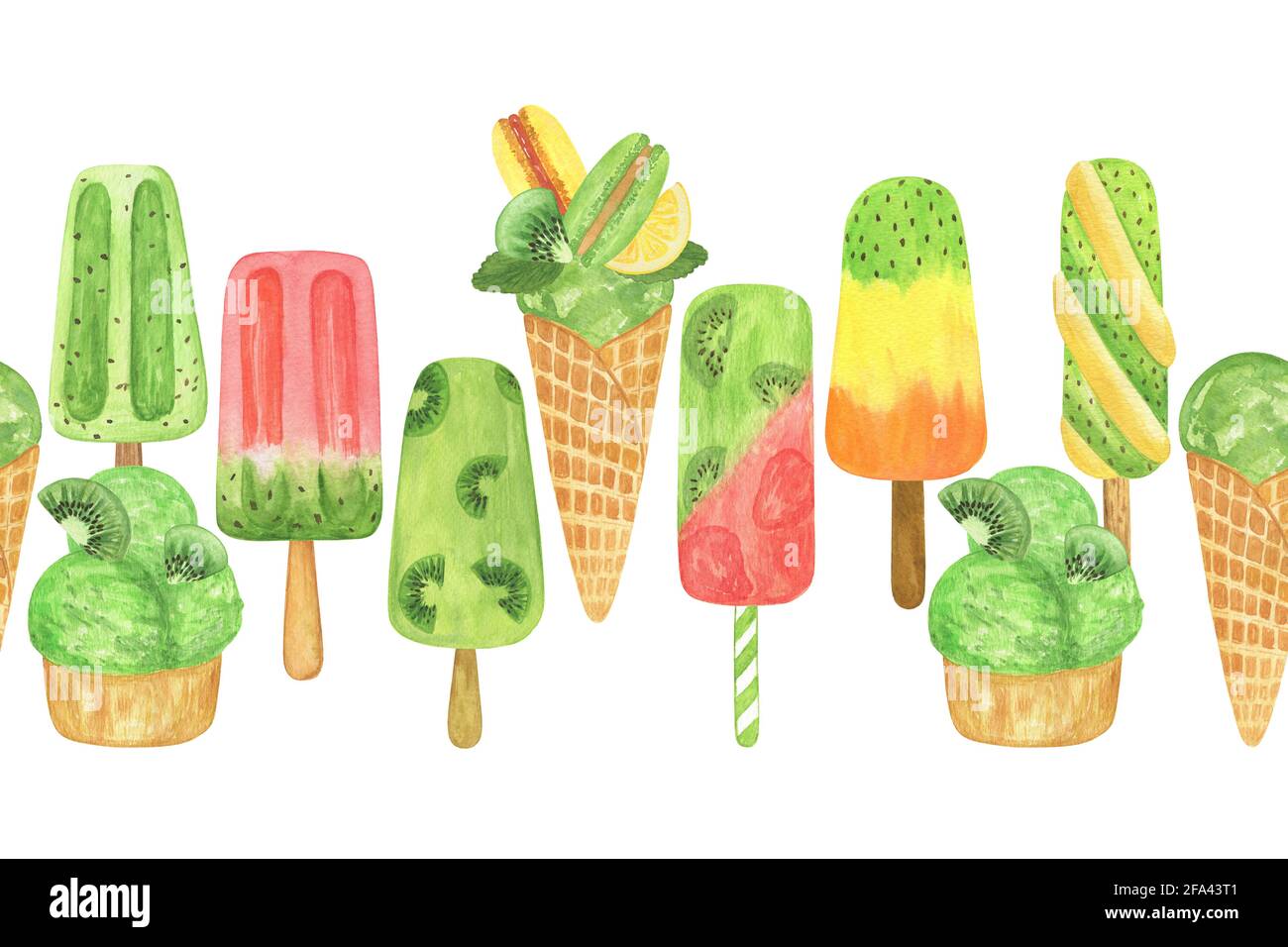 Kiwi gelato popsicle orizzontale bordo ripetizione, senza cuciture acquerello disegnata a mano illustrazione, dolce dessert ornamento per l'estate vacanza arredamento, gustoso Foto Stock