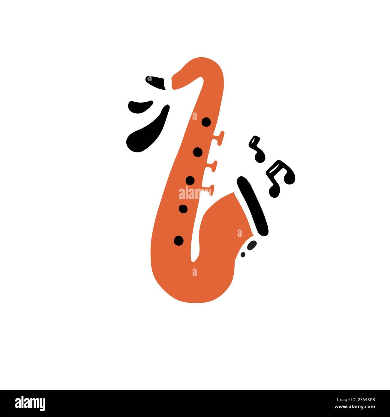 Disegno minimalista a mano piatto stile vettoriale illustrazione di ottone tradizionale strumento di vivace colore arancione chiamato sassofono che suona forte creativo musica raffigurata con note nere Illustrazione Vettoriale