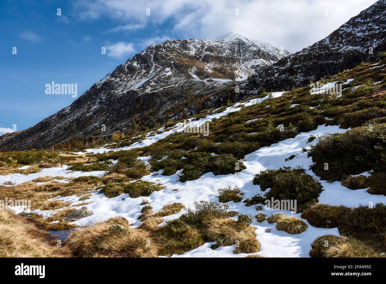 Osttirol, Staller Sattel, erster Schnee, Schneefeld, Schneedecke, Herbst, Wetter, Steg, Steig, Holz, Schnee, Wasser, Gipfel, Grenze, Tirol, Lienz, De Foto Stock