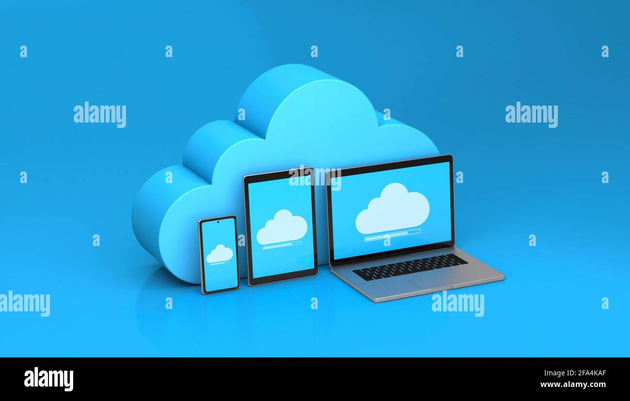 Archiviazione su cloud per telefono, tablet, notebook. Sfondo blu. rendering 3d. Foto Stock