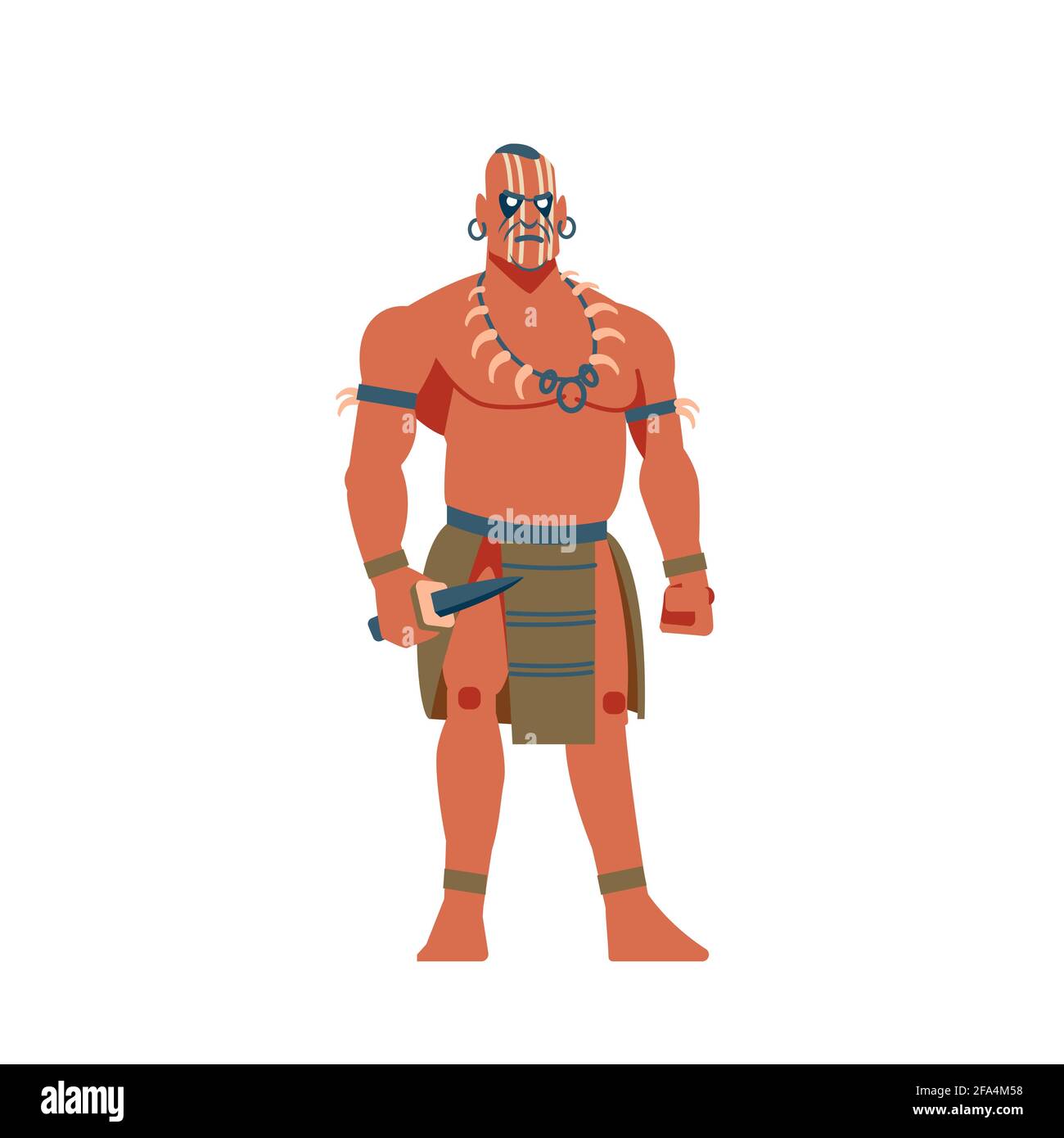 Guerriero del Sud America, Maya, Aztec o Inca. Un forte guerriero aborigeno con un coltello Cartoon, piatto illustrazione vettoriale isolato in bianco Illustrazione Vettoriale