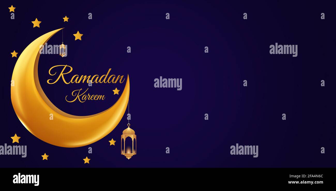 ramadan kareem bella scritta d'oro con luna e sfondo stelle Foto Stock