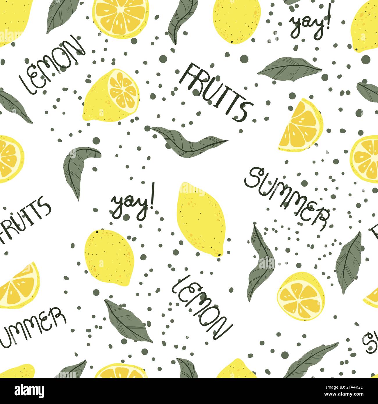 Modello senza giunture di limone tropicale in stile cartone animato disegnato a mano. Citrus sfondo estivo in design piatto. Cute motivo vettoriale estate brillante. Illustrazione Vettoriale