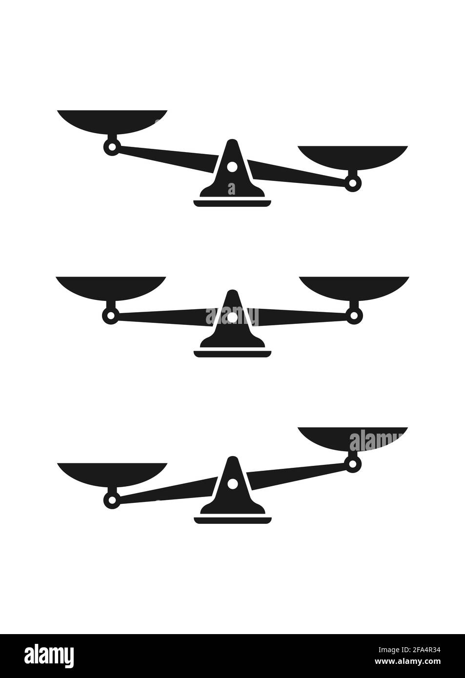 Icona di bilanciamento delle scale meccaniche nere isolata su bianco. Giustizia, scala giuridica. Illustrazione vettoriale. Equilibrio di valore, soluzione e razionalità. Pro e. Illustrazione Vettoriale
