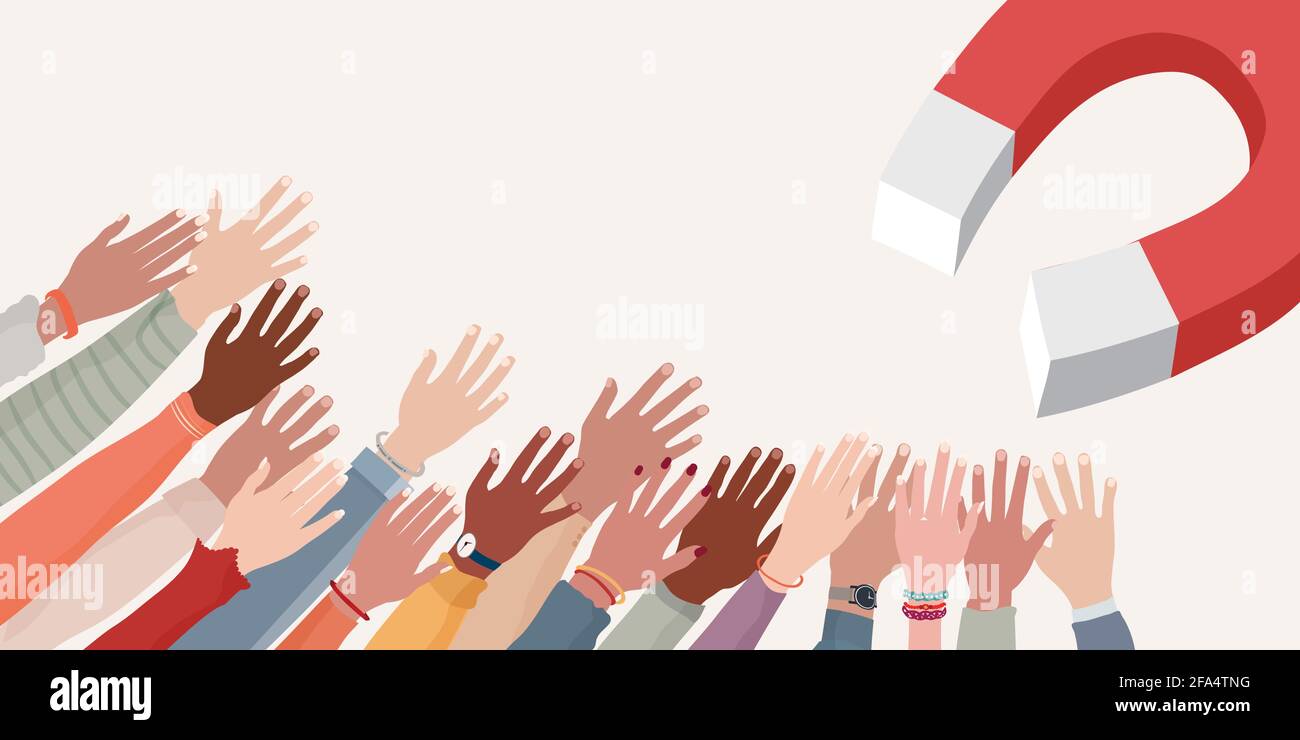 Recruitment.People reclutamento concept.Magnet che attrae armi e mani sollevate di persone diverse e multiculturali. Spazio di copia Occupation.Banner Illustrazione Vettoriale Recruitment.People reclutamento concept.Magnet che attrae armi e mani sollevate di persone diverse e multiculturali. Spazio di copia Occupation.Banner Illustrazione Vettoriale