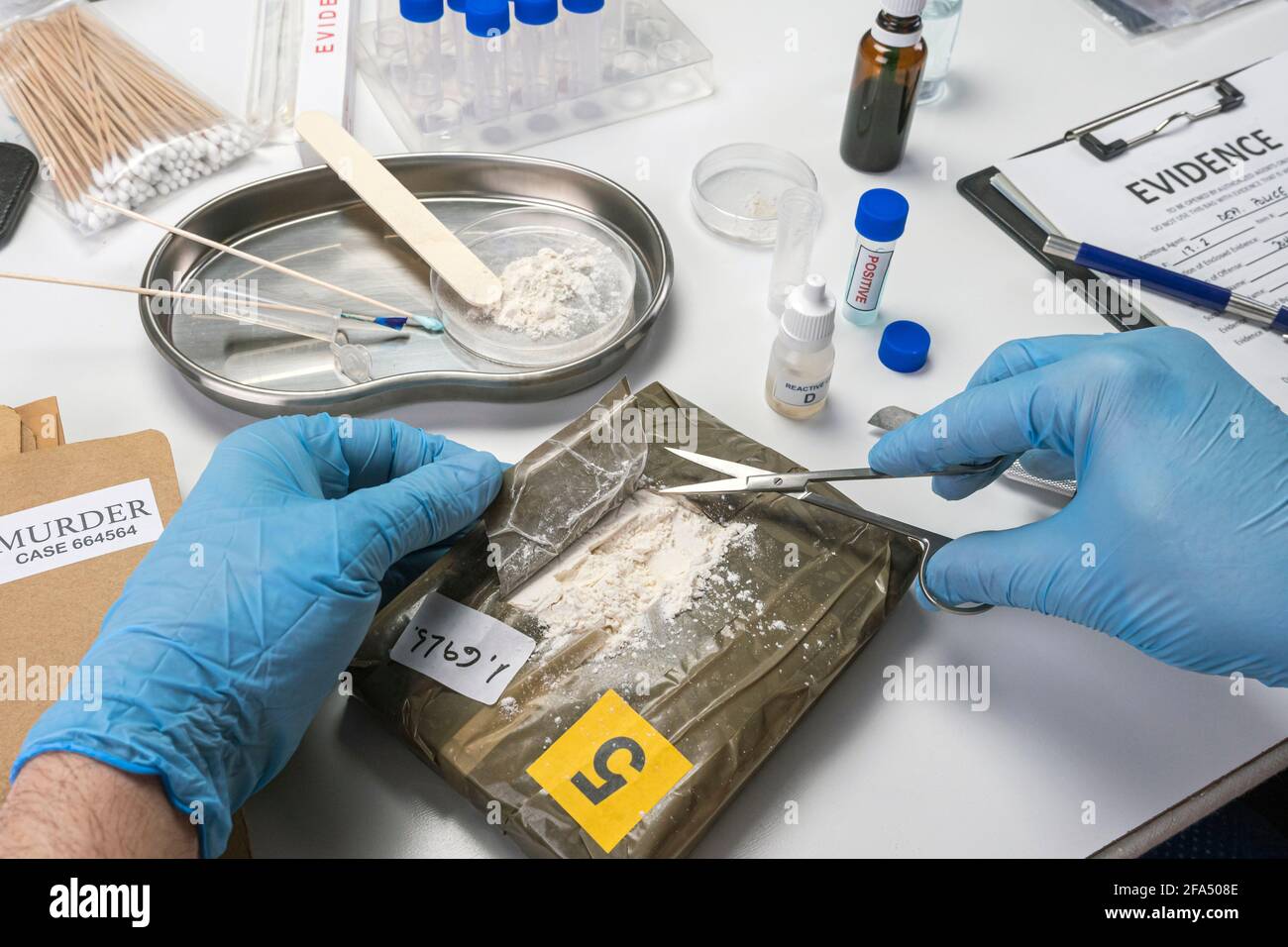 Polizia specializzata Open bundle di droga in laboratorio di criminalità, immagine concettuale Foto Stock