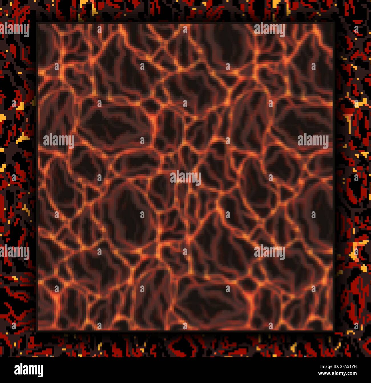 Carta quadrata di lava con pietre e spazio di copia sfocato. Magma da roccia fusa. Eruzione con terremoto. Disastro naturale. Modello vettore per banner Illustrazione Vettoriale