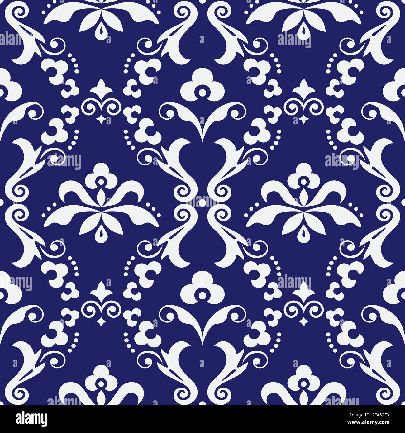 Damask vettore senza giunture tessuto o modello di stampa farbico, vecchio disegno vittoriano ripetitivo con fiori, vortici e foglie in bianco su blu navy Illustrazione Vettoriale