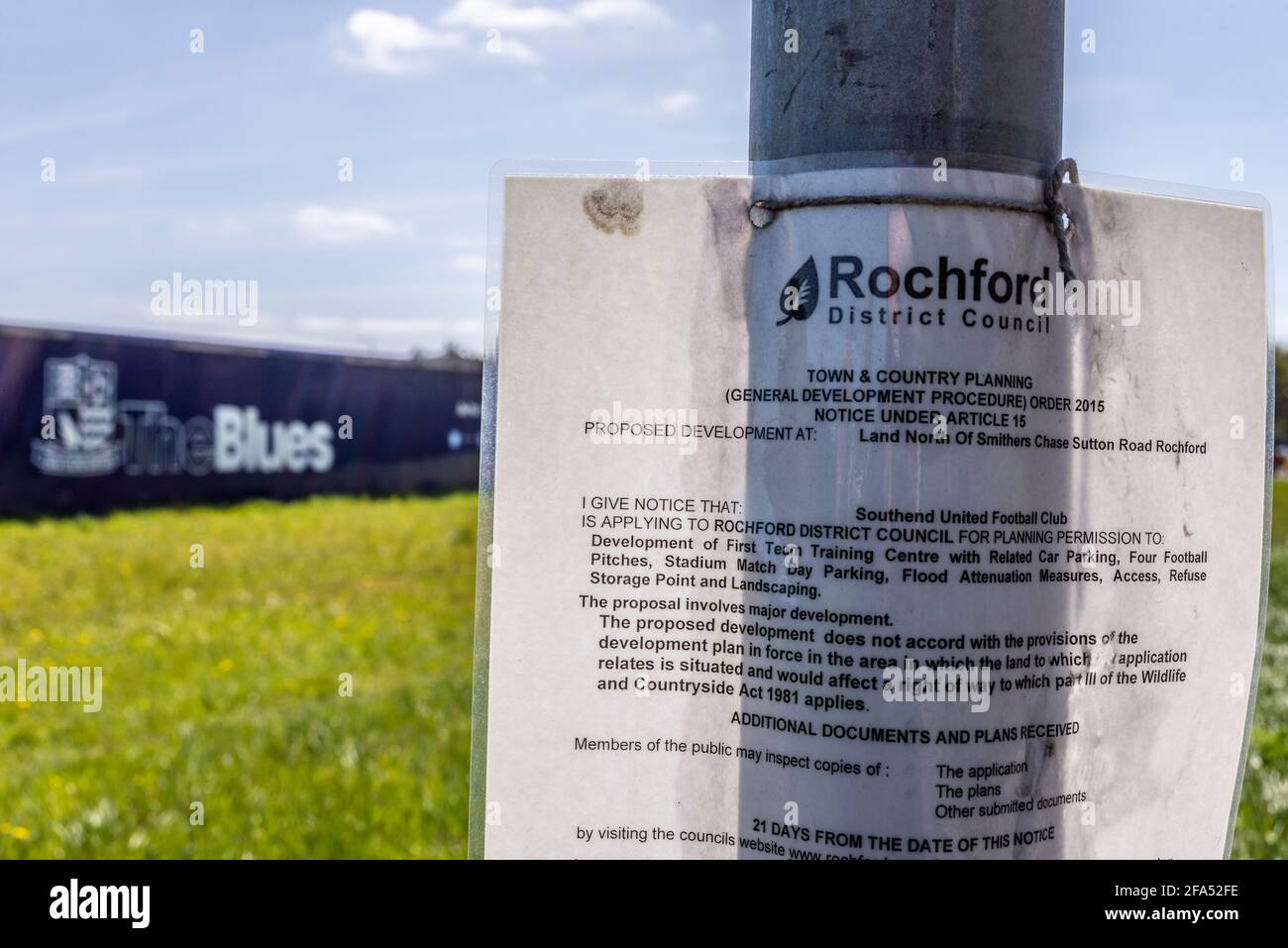 Costruzione sito di imbarco intorno proposto Southend Utd club di calcio nuovo stadio di allenamento in Fossetts Way, Fossetts Farm. Firma di autorizzazione alla pianificazione Foto Stock