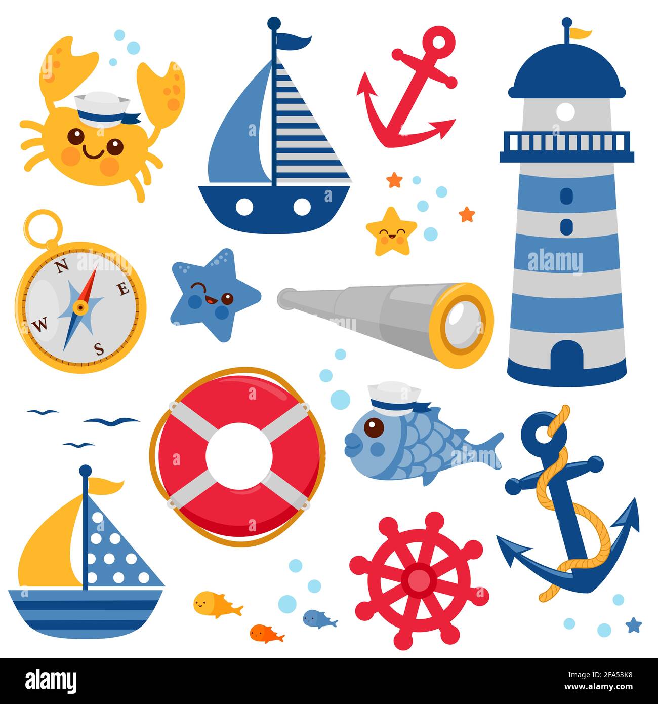 Serie di illustrazioni nautiche e marinaresche. Simpatici animali marini, granchi e pesci nel set clipart a tema nautico. Faro, ancora, salvagente e barche. Foto Stock