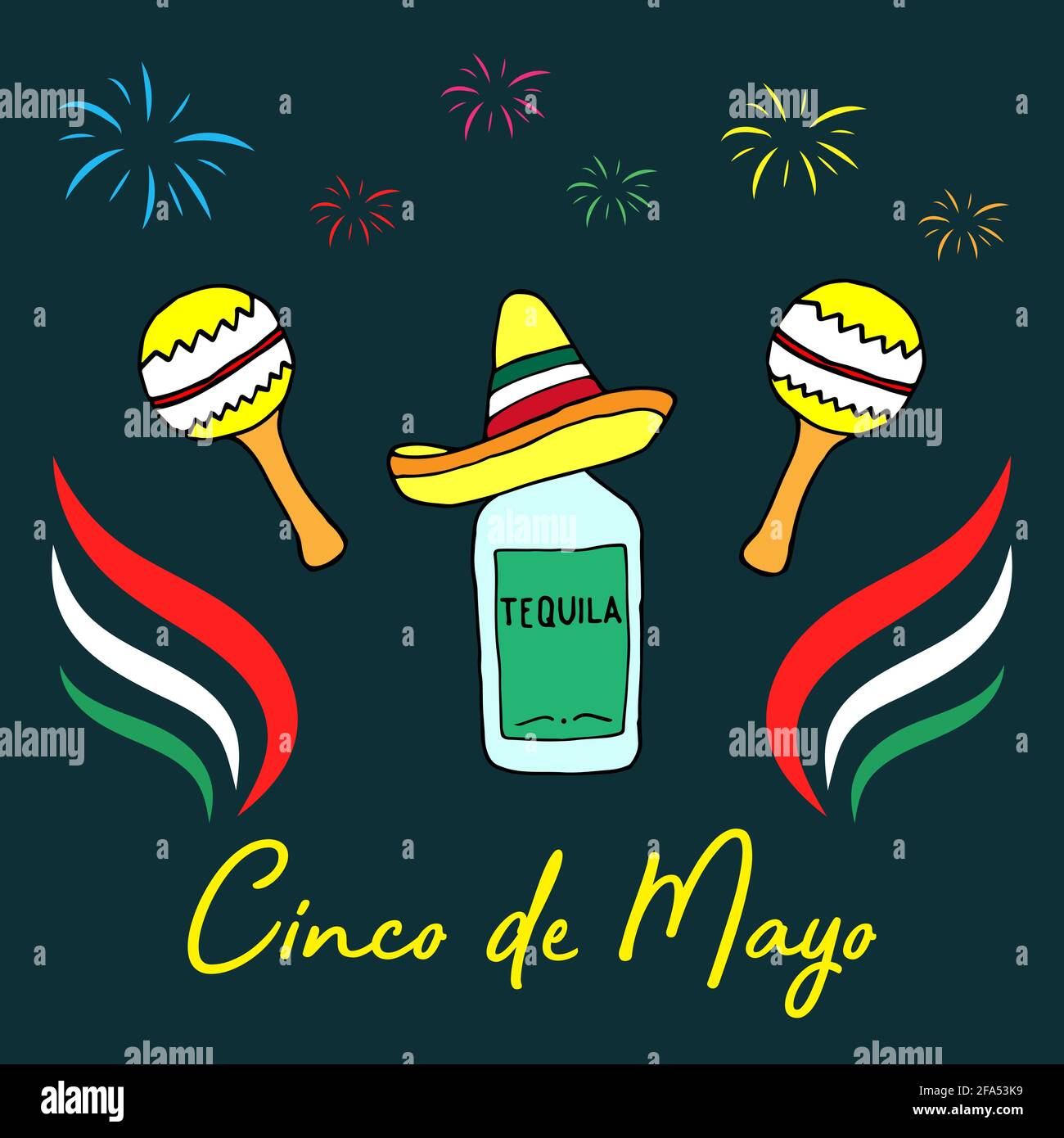 Cinco De Mayo modello di sfondo per la celebrazione della festa messicana. Scritta scritta a mano con maracas a mano, sombrero. Illustrazione Vettoriale
