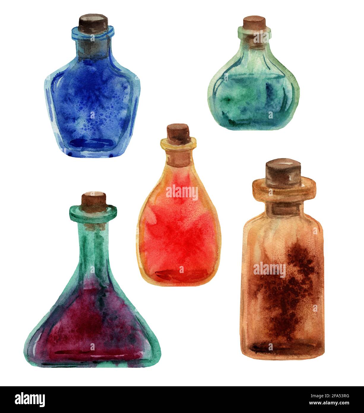 Acquerello bottiglie di vetro disegnate a mano in forme e colori diversi. Modello di bottiglie con elementi magici. Olio aromatico rosso, marrone. Foto Stock