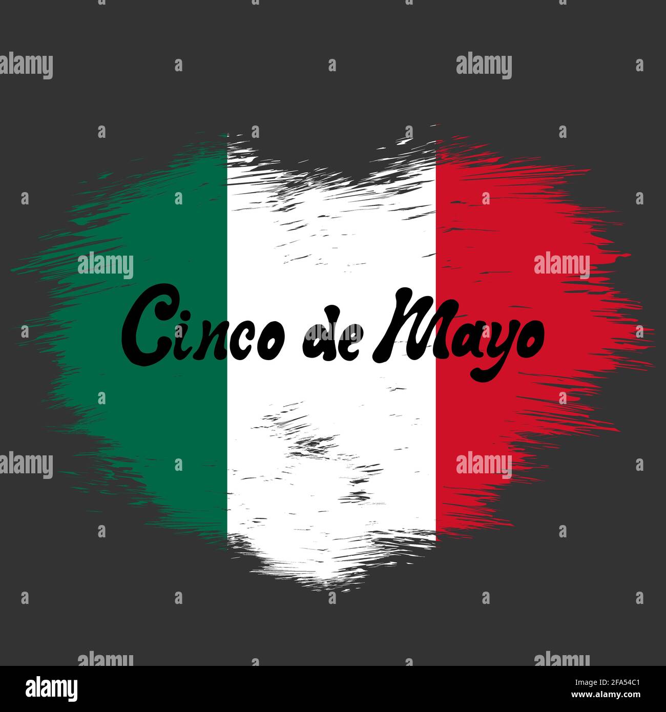 Cinco de mayo scritta a mano frase design su grunge cuore in colori bandiera messicana. Illustrazione vettoriale su sfondo scuro Illustrazione Vettoriale