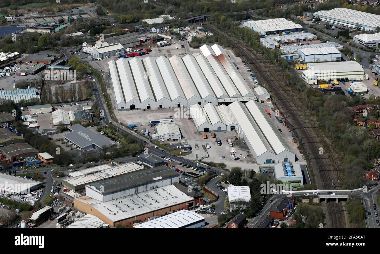 Veduta aerea del parco industriale Globe, Dukinfield, Stockport, Greater Manchester Foto Stock