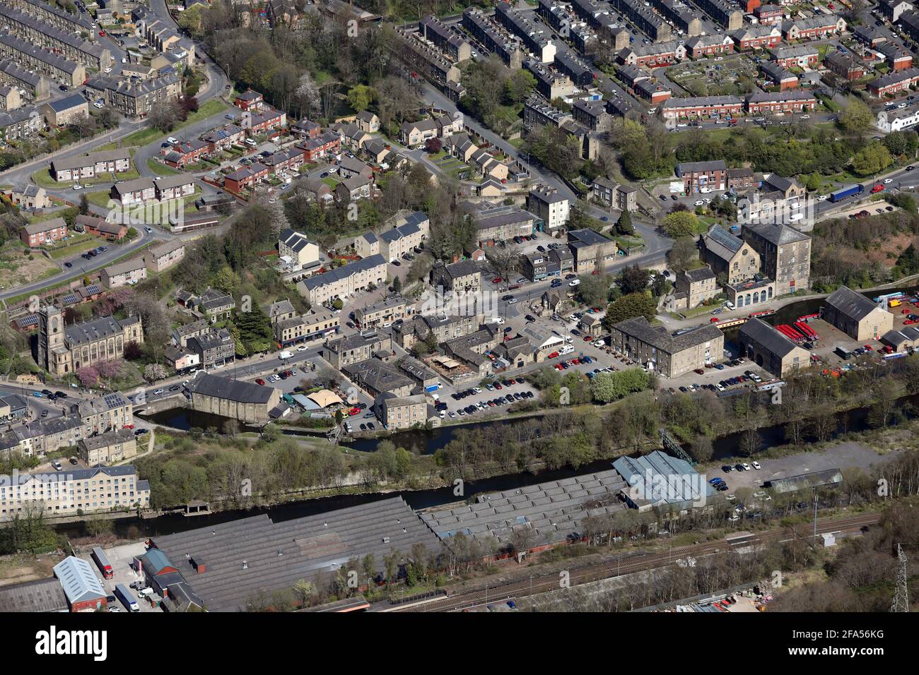 Vista aerea del centro di Sowerby Bridge, West Yorkshire Foto Stock