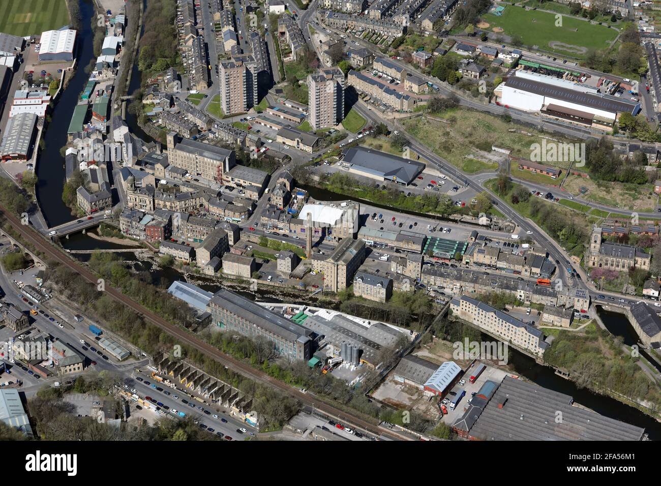 Vista aerea del centro di Sowerby Bridge, West Yorkshire Foto Stock