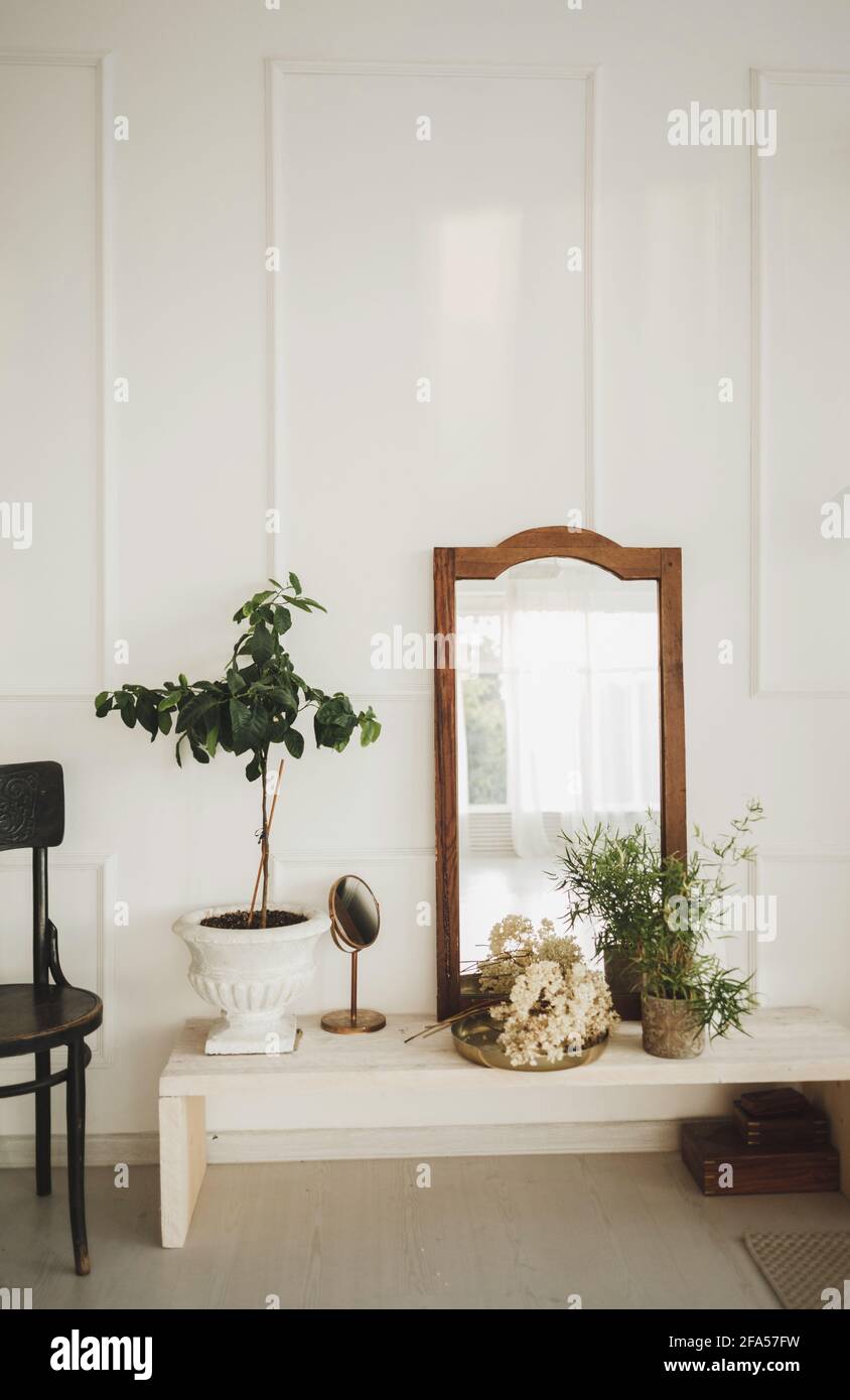 Elegante design interno casa del soggiorno con commode in legno, specchio,  poltrona e accessori eleganti. Arredamento classico per la casa Foto stock  - Alamy