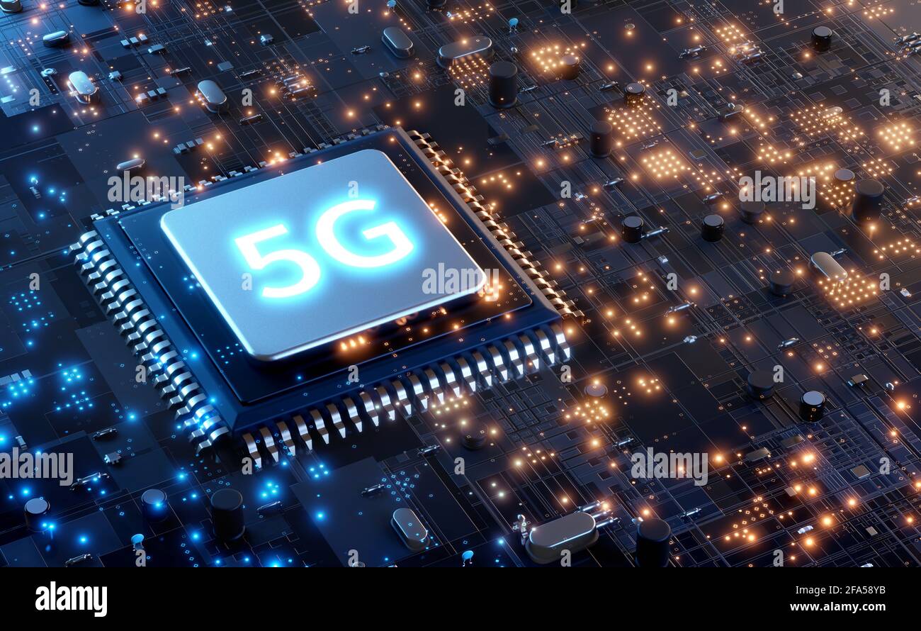 Tecnologia microchip 5G di base, concetto futuristico di Internet delle reti mobili 5G globali Foto Stock