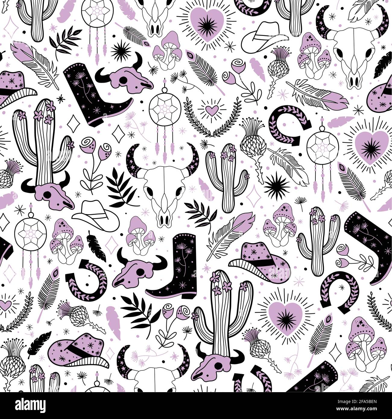 Cowgirl modello vettoriale senza giunture. Western rodeo boho ripetizione sfondo nero linea art. Stivali Cowboy, cappello cowgirl, cactus, dessert, cranio bohemian Illustrazione Vettoriale