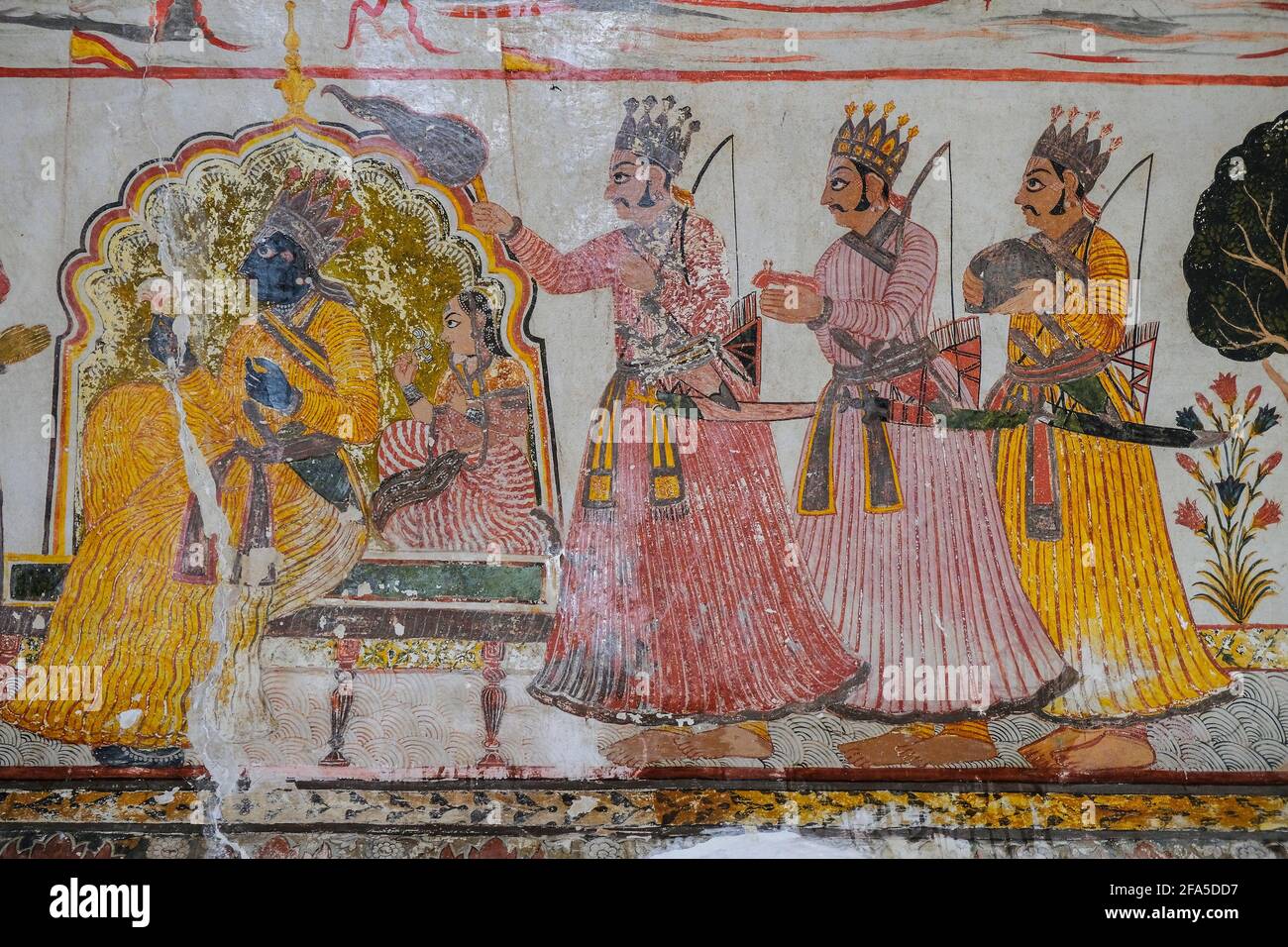 Particolare di un murale dal Raj Mahal Palace a Orchha, Madhya Pradesh, India. Foto Stock