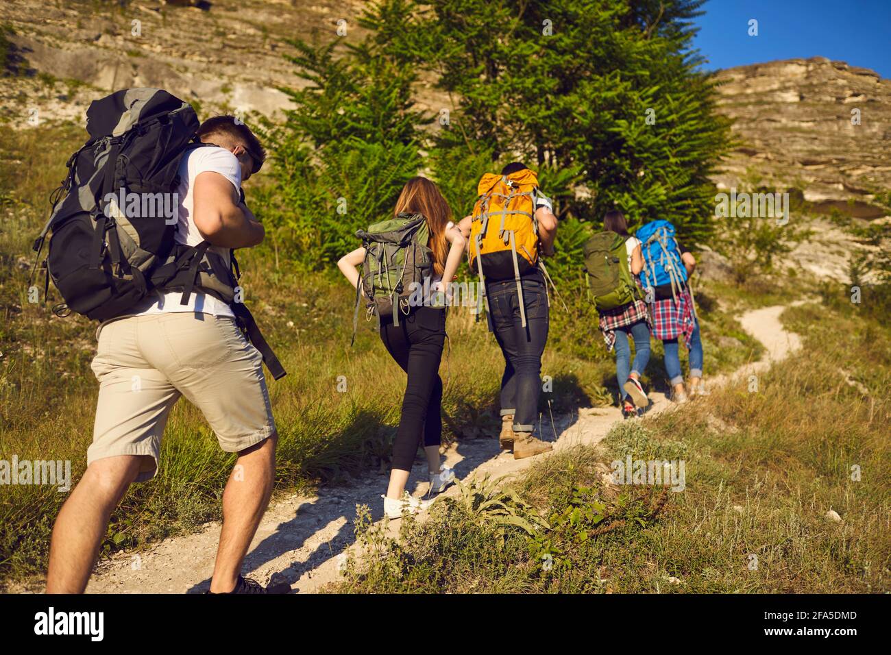 Amici di gruppo che viaggiano ed escursioni in montagna estate prendere l'avventura Foto Stock