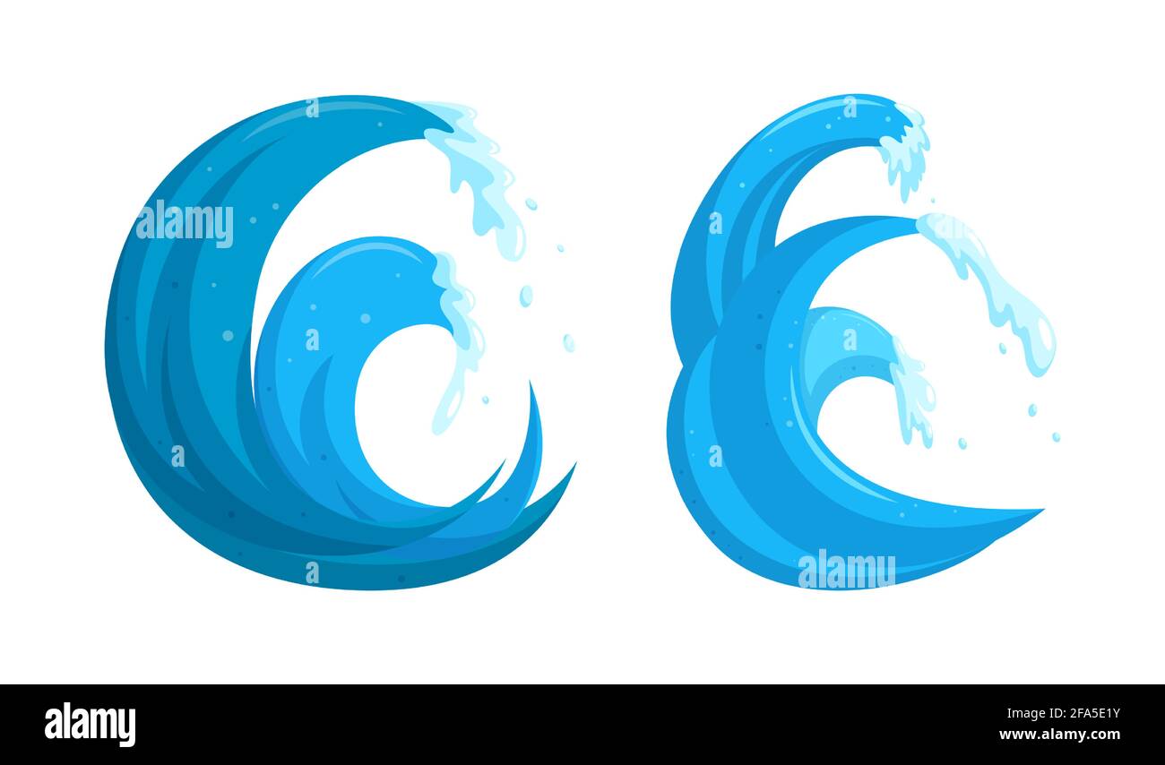 Logo Flood Waves. Tsinami onda tempesta vorticosa isolata su sfondo bianco. Illustrazione vettoriale cartoon Illustrazione Vettoriale