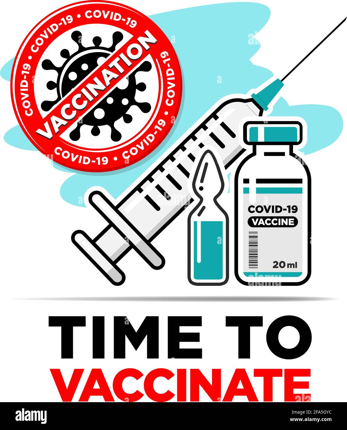 Concetto di vaccinazione di Covid-19. Flaconcino e siringa di vaccino. Stop Coronavirus segno. Vettore su sfondo trasparente Illustrazione Vettoriale