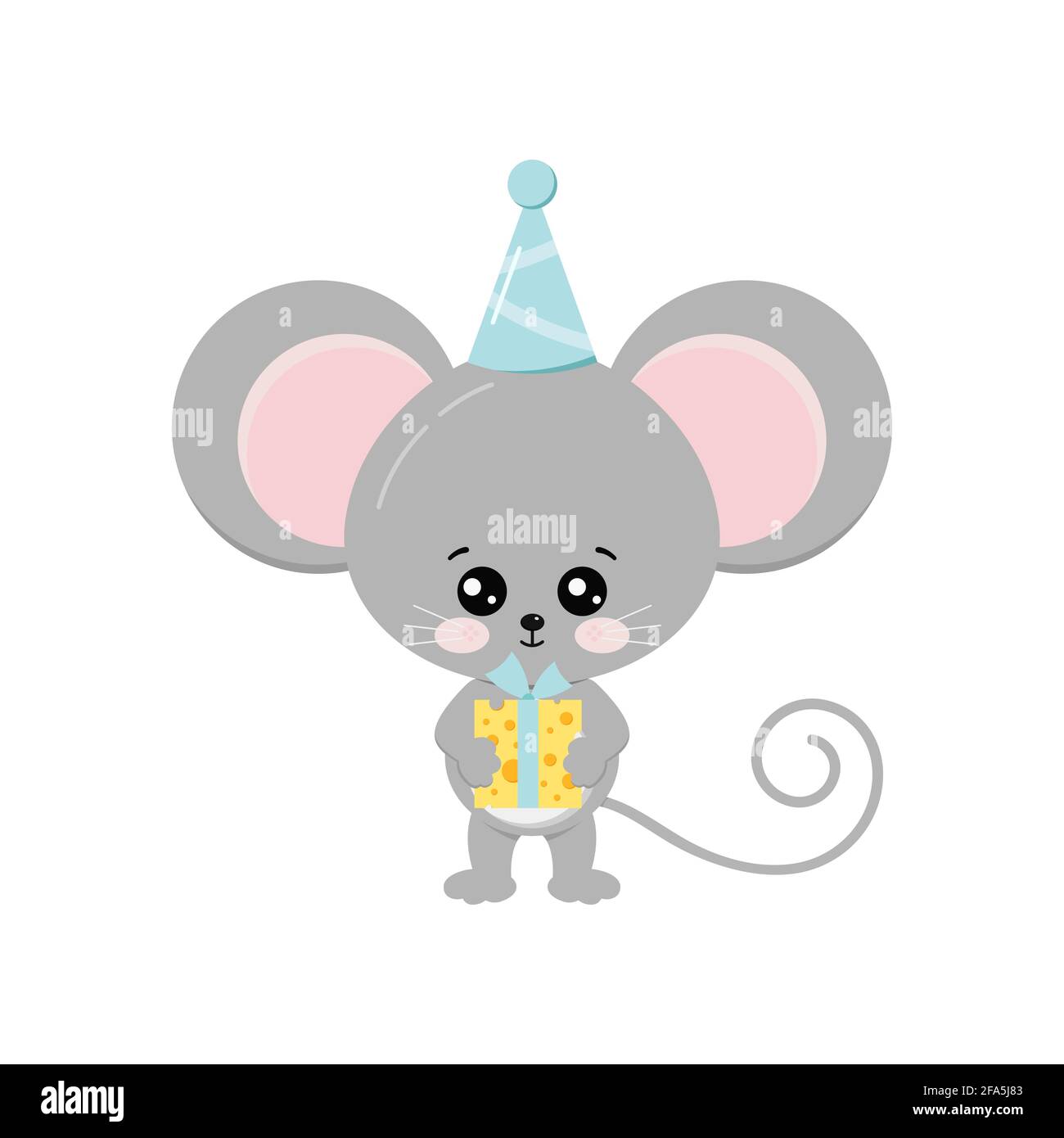 Mouse carino con regalo di formaggio nel cappellino di compleanno. Illustrazione Vettoriale