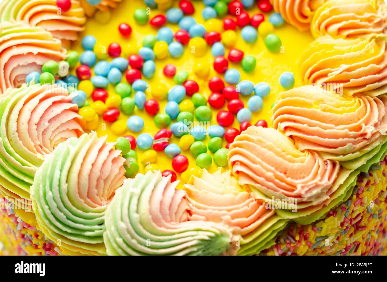 Spugna Madeira rivestita con glassa di colore giallo, stratificata con confettura di prugne e lamponi, ripiena e ricoperta di pennini di cioccolato multicolore e decorata Foto Stock