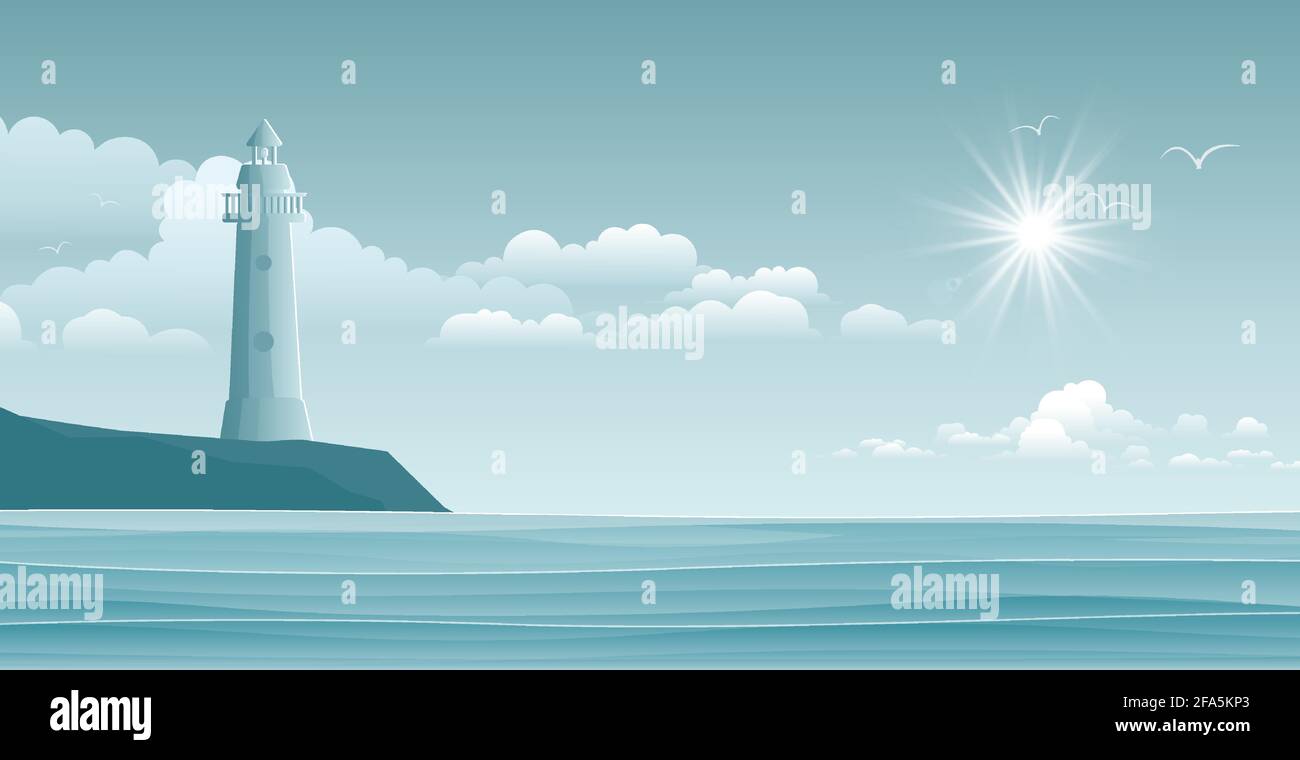 Mare con faro e onde. Illustrazione vettoriale per la navigazione. Illustrazione Vettoriale
