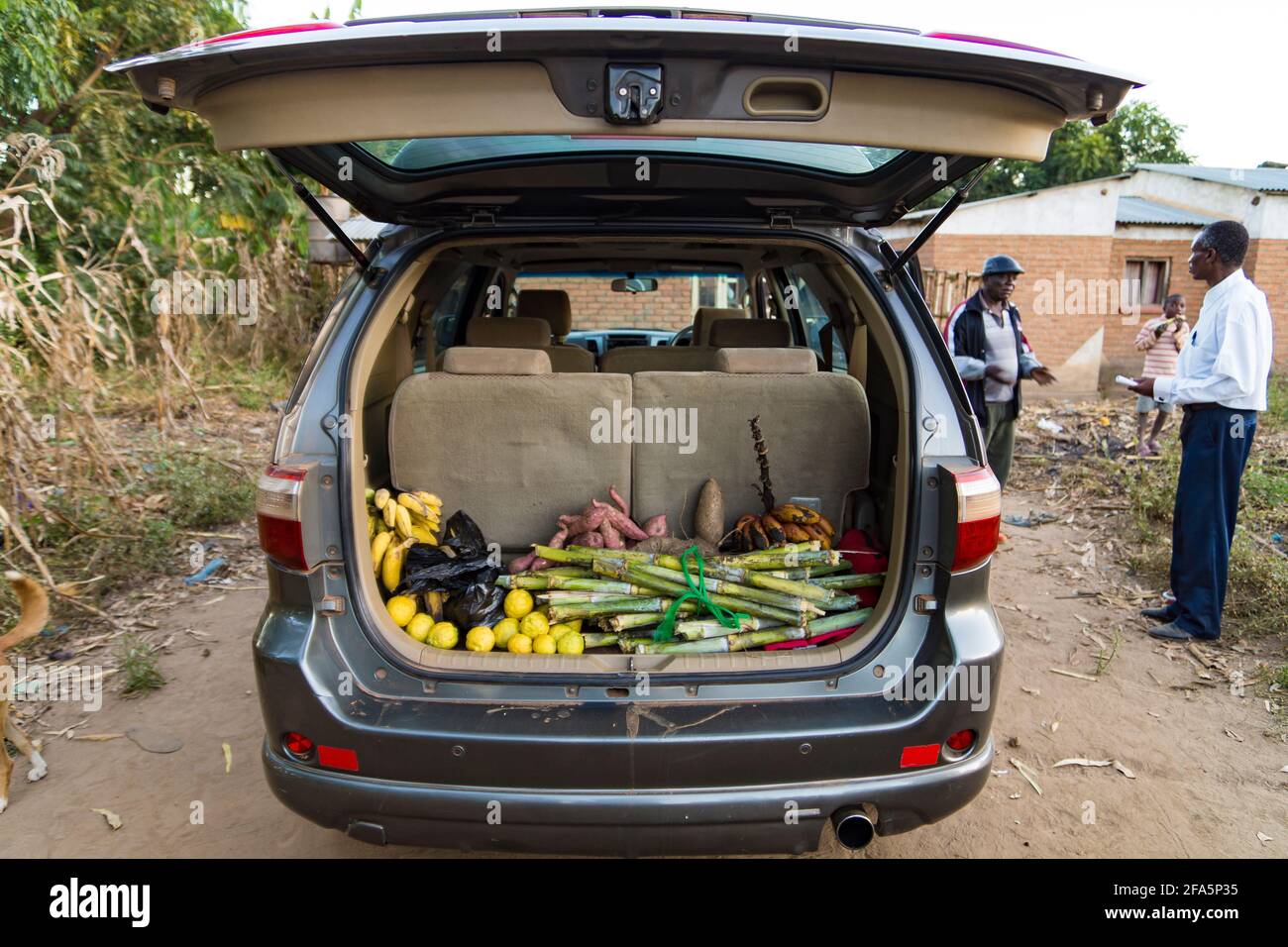 Frutta e verdura caricate in un bagagliaio/stivale di un'azienda agricola in Malawi Foto Stock
