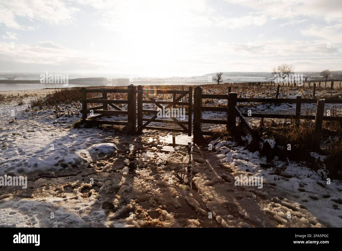 Giornata invernale al bacino idrico di Derwent, al confine tra Northumberland e la contea di Durham in Inghilterra. Il Derwent Waterside Park offre percorsi per escursioni a piedi e in bicicletta. Foto Stock
