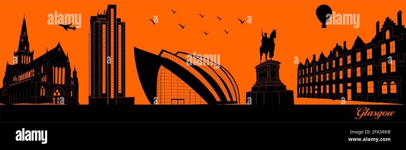 Vector City skyline silhouette - illustrazione, Città su sfondo arancione, Glasgow Scozia Illustrazione Vettoriale