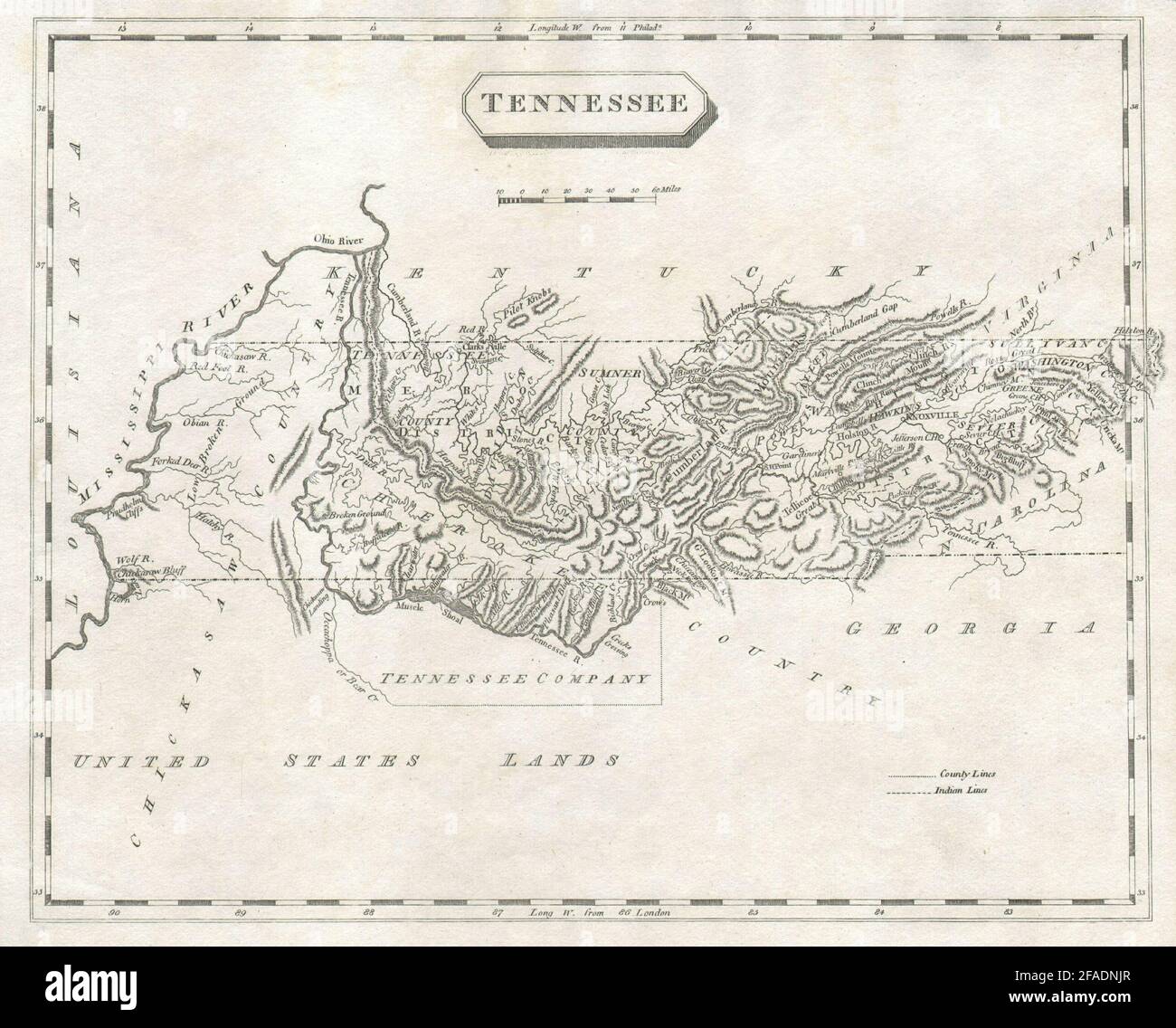 Mappa dello stato del Tennessee di Arrowsmith & Lewis. Tennessee Company 1812 vecchio Foto Stock
