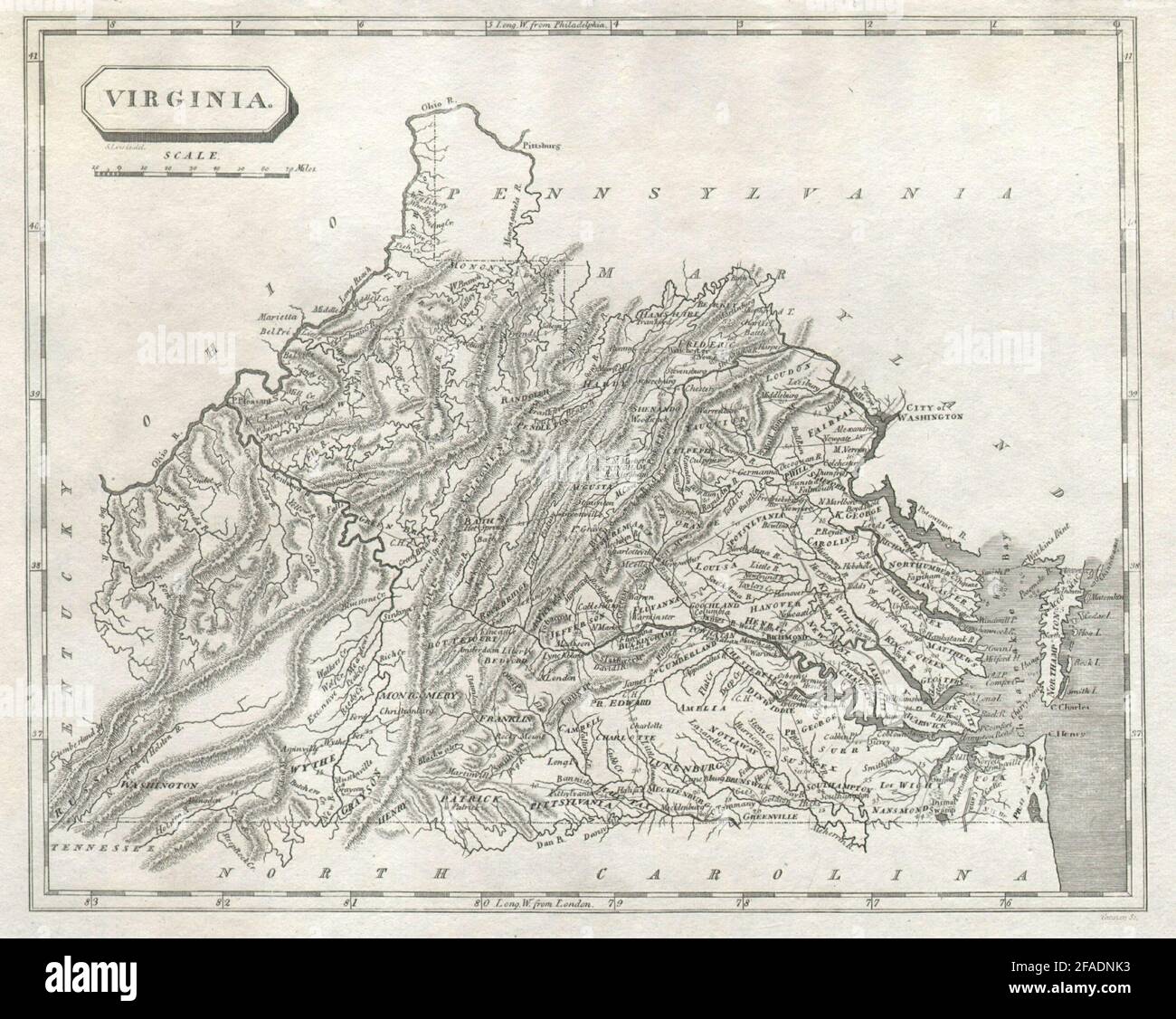 Mappa dello stato della Virginia di Arrowsmith & Lewis 1812 antico piano grafico Foto Stock