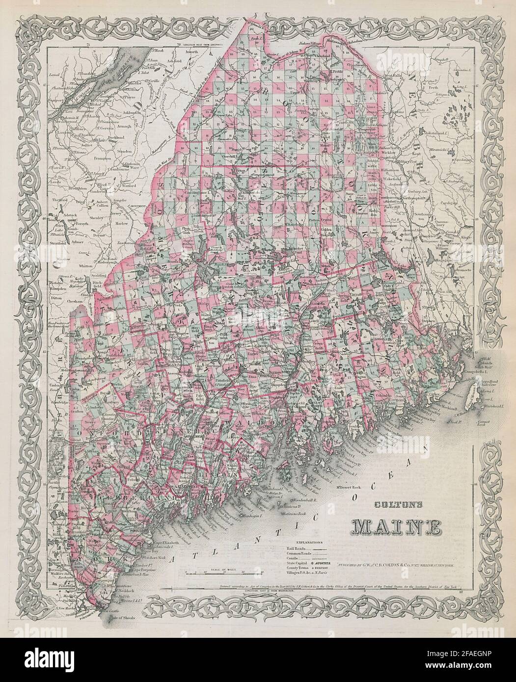 Colton's Maine. Decorativo antico Stati Uniti mappa 1869 vecchia carta Foto Stock