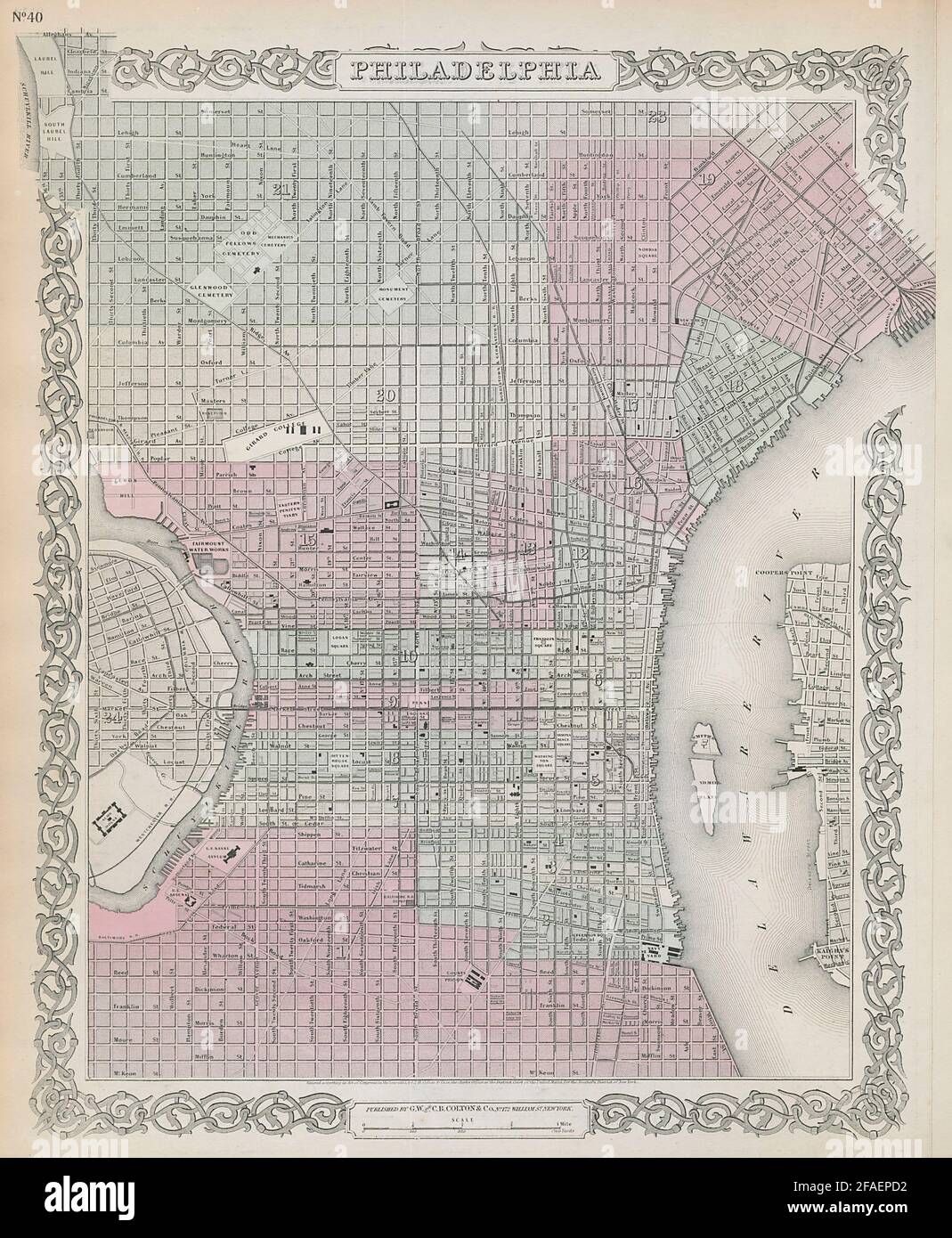 Philadelphia decorativo antico piano città. COLTON 1869 vecchia mappa Foto Stock