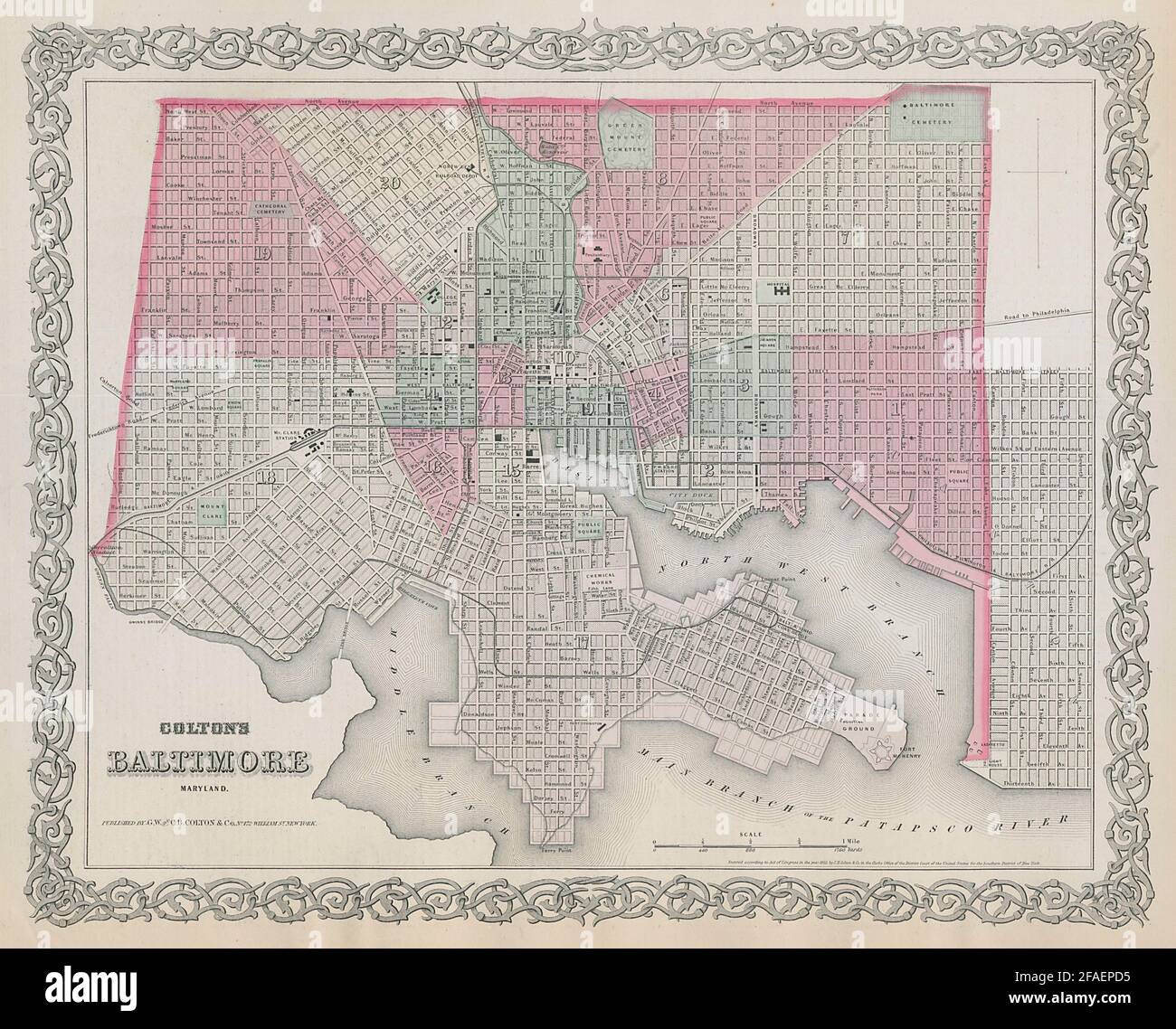 Colton's City di Baltimora, Maryland. Pianta antica della città decorativa 1869 mappa Foto Stock